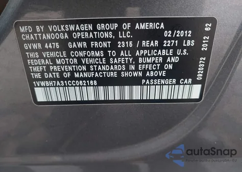2012 Volkswagen Passat Se from USA, damaged, VIN 1VWBH7A31CC062168
